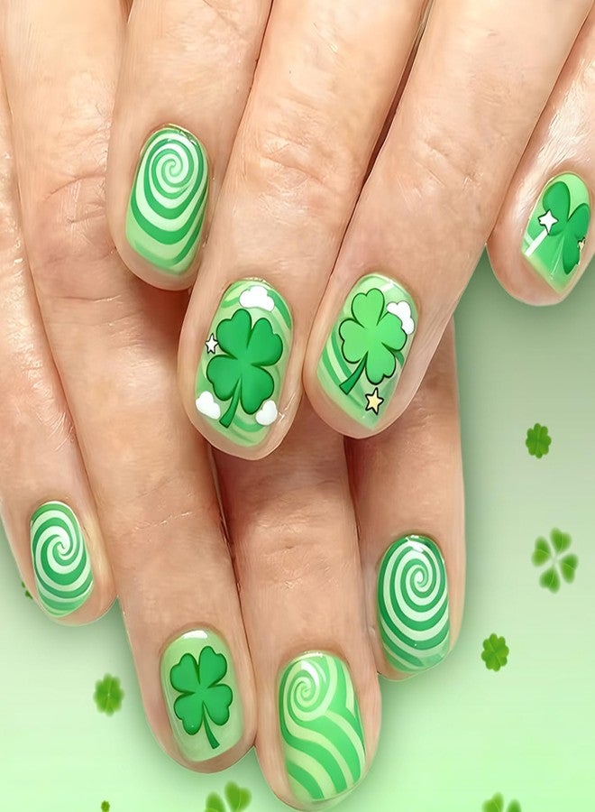 OSTTMA 24Pcs St. Patrick's Day Press on Nails Shamrock Fake Nails Short Square Acrylic Nail with Clover Vortex Cloud Designs Glossy Green Shamrocks Glue on Nails Full Cover Artificial Nail for Women - Image 1